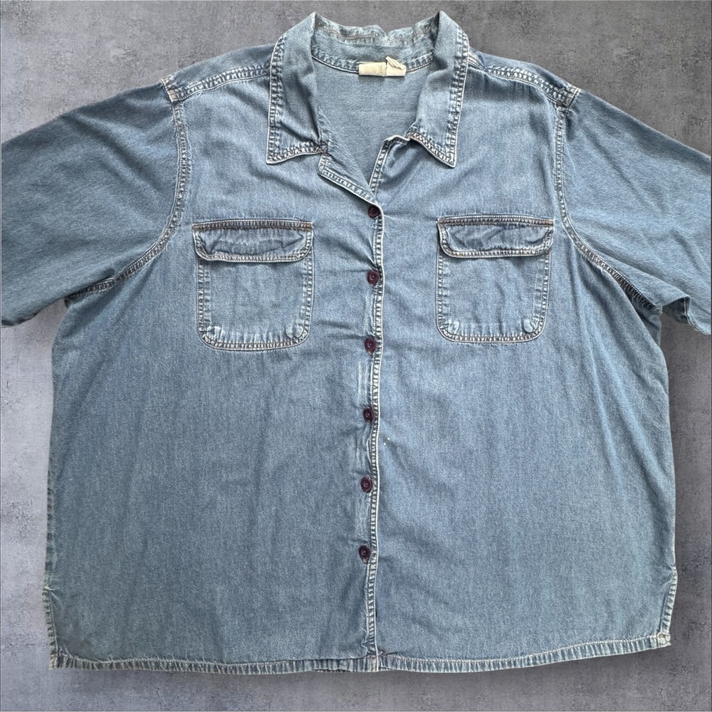 Roamans Womens 4X Denim Shirt Blouse Elbow Sleeve Button Front Plus Size